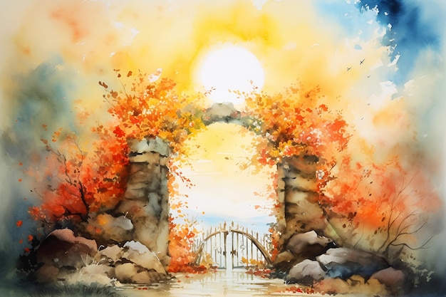 Majestic gates in flowers of paradise Watercolor