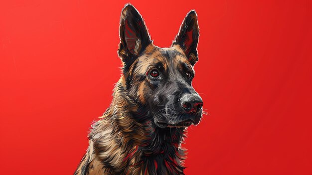 A majestic German Shepherd dog with a focused expression on its face The dog is standing in front of a red background which makes its fur stand out