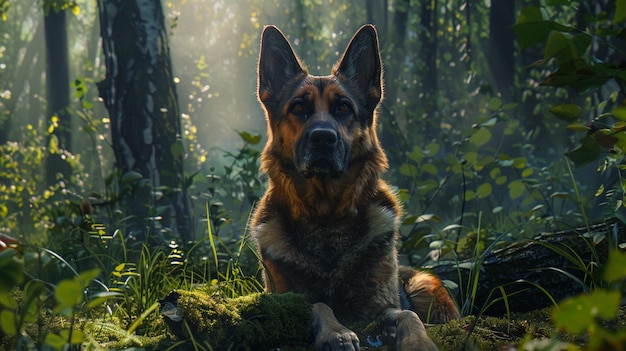 Majestic German Shepherd Sitting in Forest Clearing