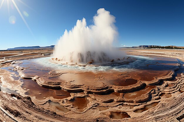 Foto maestoso geyser che erutta nello sfondo della natura del cielo