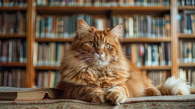 Majestic Ginger Cat leunend op een houten tafel tegen een achtergrond van boekenplanken gevuld met