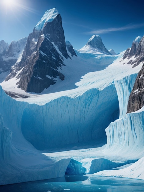 a majestic glacier surrounded by serene water and towering mountains