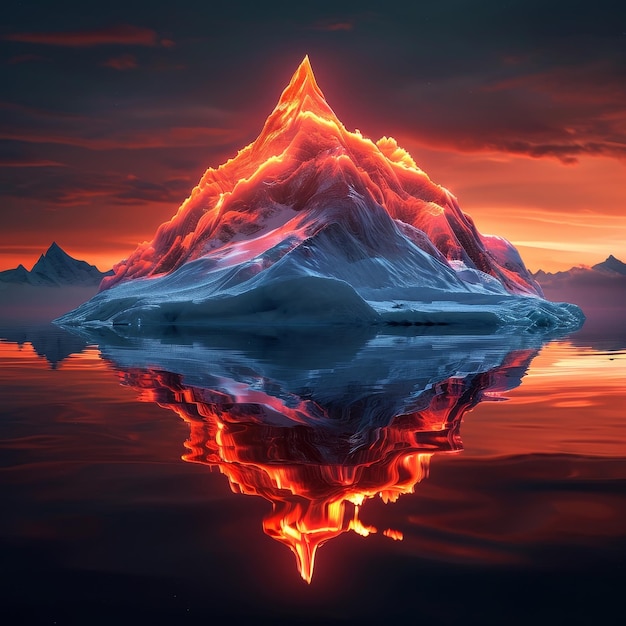 Majestic Glowing Mountain Reflected in Tranquil Waters at Sunset