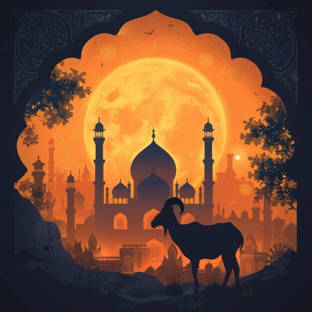 a majestic goat silhouette stands against the backdrop of a mosque during Eid al Adha copy space