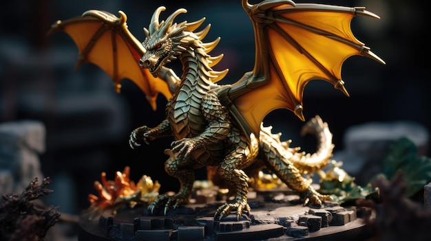 A majestic gold dragon statue stands against a black background exuding power and elegance