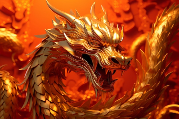 Photo majestic golden dragon sculpture in fiery ambiance