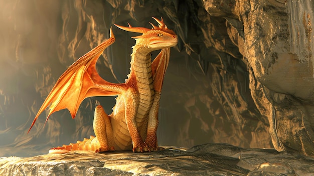 Величественный золотой дракон сидит на скале в темной пещере.