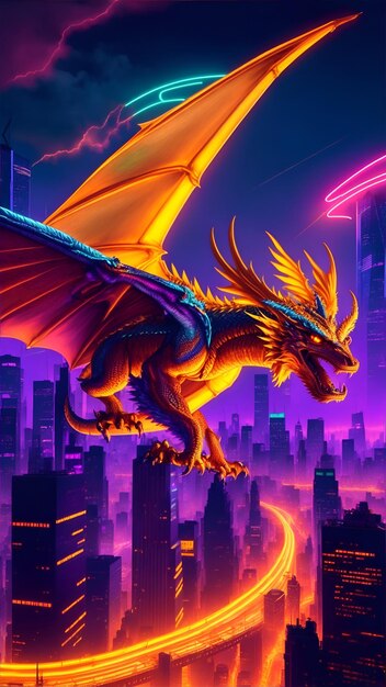 Majestic golden dragon soaring through the neon lit skyline of cyberpunk inspired AI Generative