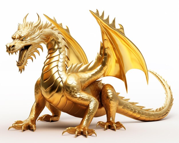 Photo majestic golden dragon statue isolated on a white background 3d rendered image with intricate