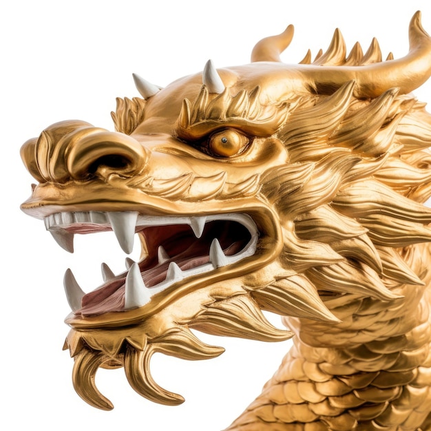 A majestic golden dragon statue with an open mouth