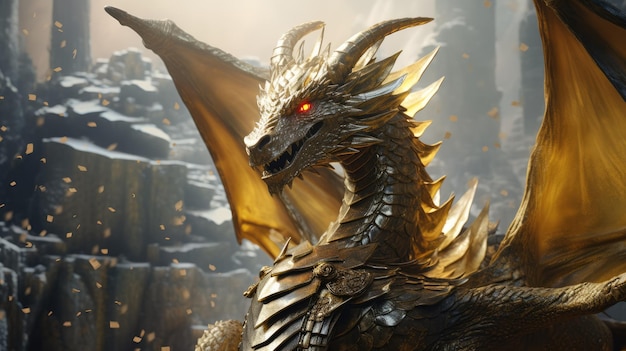 A majestic golden dragon with fiery red eyes