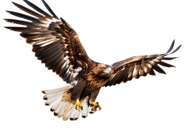 A majestic Golden Eagle in flight against a pure white backdrop