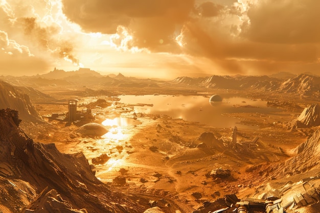 Величественный золотой пейзаж инопланетной планеты с впечатляющим небом и местностью