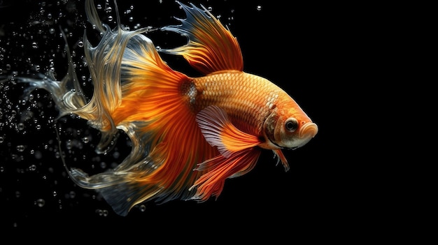 Majestic Golden Orange Betta Fish Swimming With an isolated black background