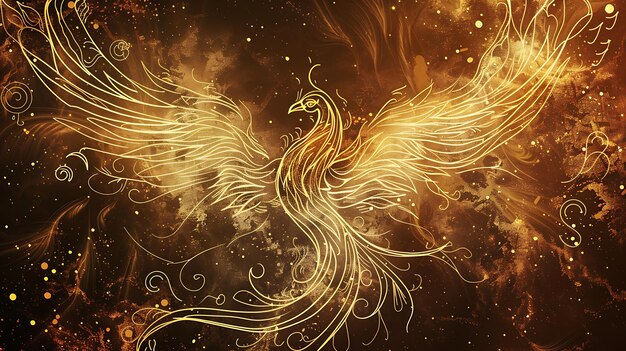 Foto a majestic golden phoenix rises from the ashes with its wings spread wide the mythical bird is a symbol of hope renewal and transformation