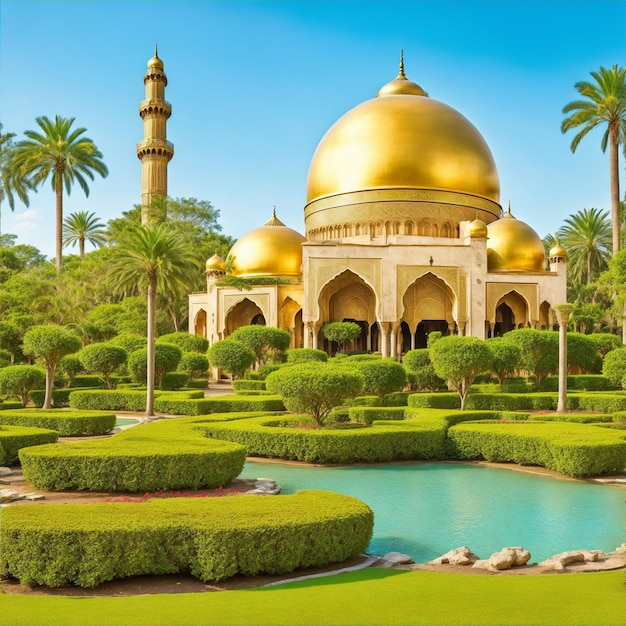 A majestic goldendomed mosque surrounded by lush gardens