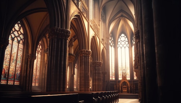 Majestic gothic basilica adorned with stained glass and illuminated altars generated by artificial intelligence