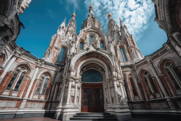 Foto i fedeli della maestosa cattedrale gotica hanno raccolto vetrate colorate generative ia