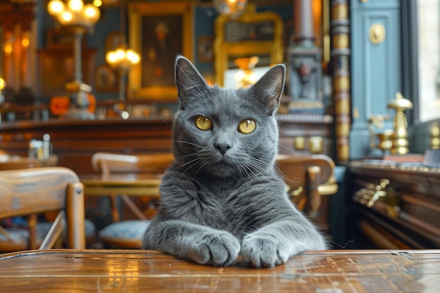 Majestic Gray Cat Sitting on Wooden Table in Vintage Style Interior with Warm Ambient Light