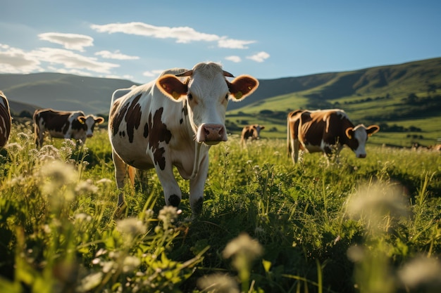 Majestic Grazing A Serene Bull Roams the Pastoral Fields Generative AI