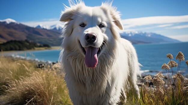 Величественная собака Великих Пиренеев с видом на океан