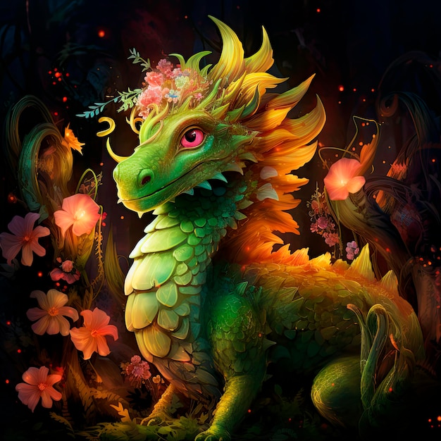 Majestic green dragon in a fabulous arrangement of flowers generated ai