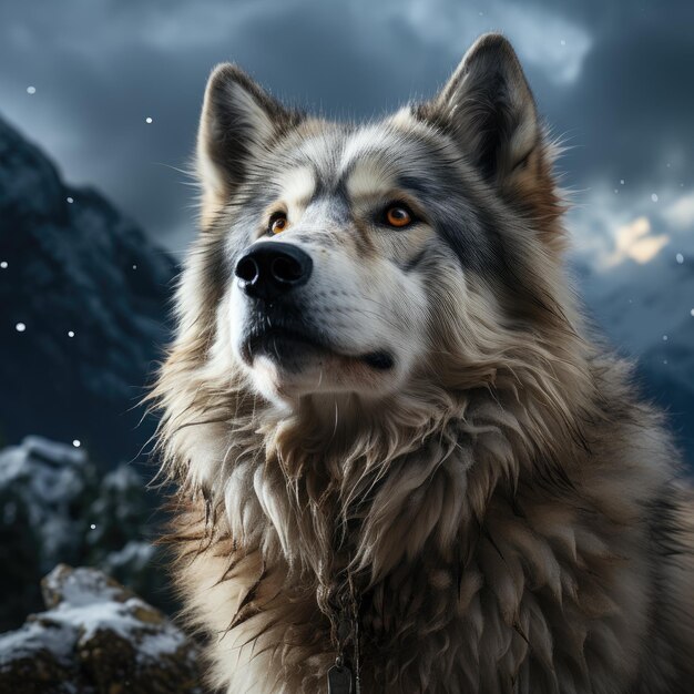 Majestic grey wolf stands tall on a snowy