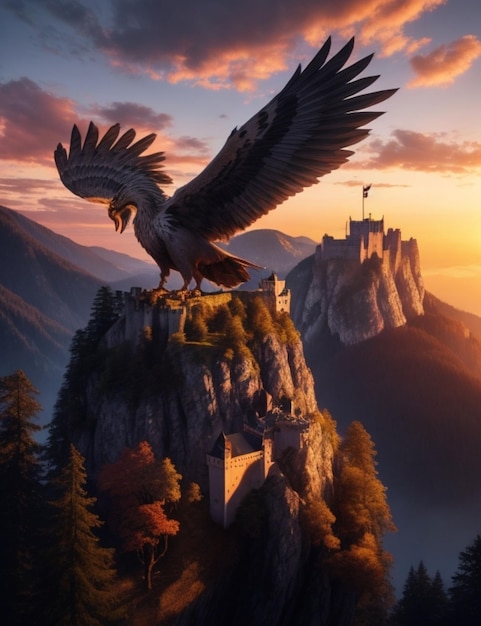 A majestic griffin bird soars above the majestic Hohenschwangau Castle Germany