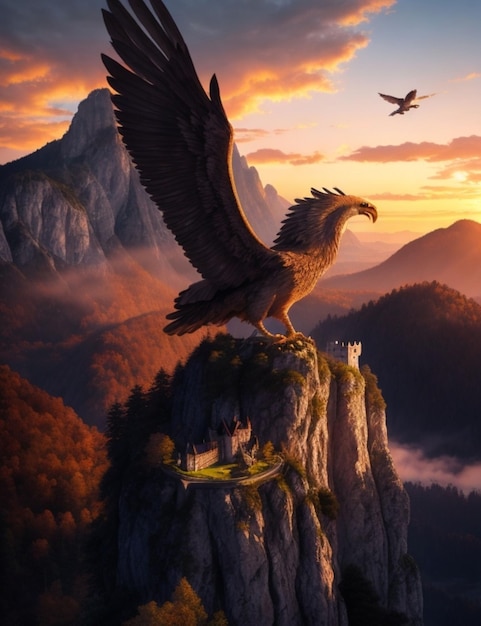 A majestic griffin bird soars above the majestic Hohenschwangau Castle Germany