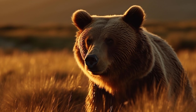 Foto maestoso orso grizzly che cammina nel campo generato dall'ia