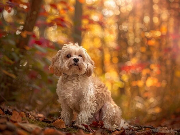 壮大なハバナ犬が密集した森の中で優雅に座っている