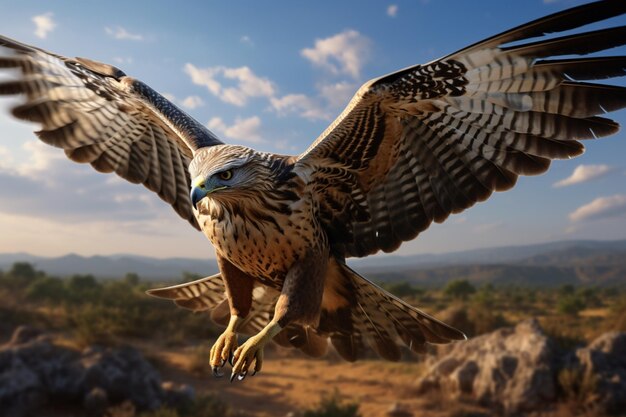優雅な羽毛で飛ぶ 壮大な鷹