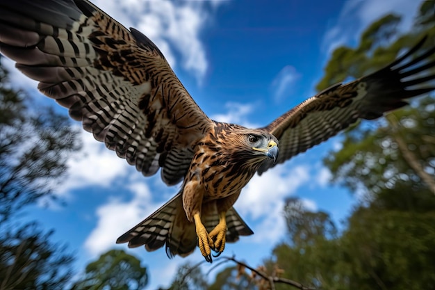 Majestic hawk gliding over the green forest generative IA