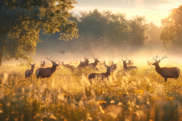 Majestic herd of deer grazing in a sunlit meadow o