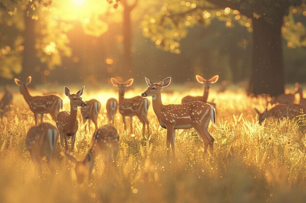 Majestic herd of deer grazing in a sunlit meadow o