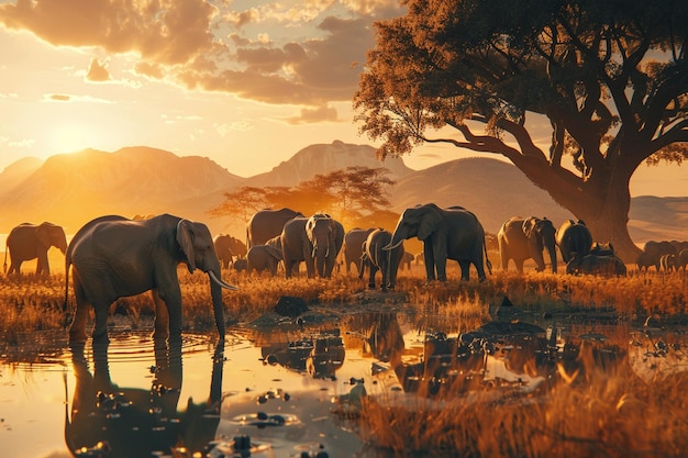A majestic herd of elephants at a watering hole oc