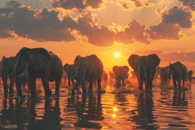 A majestic herd of elephants at a watering hole oc