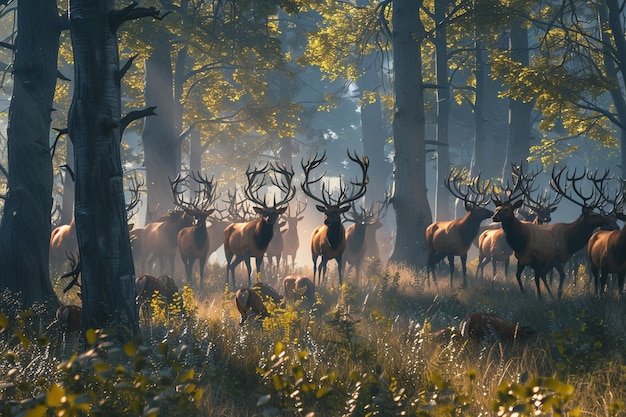 Majestic herd of elk roaming through a forest clea