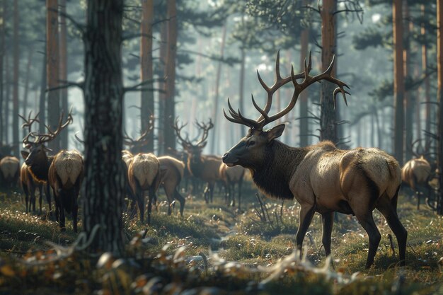 Majestic herd of elk roaming through a forest clea