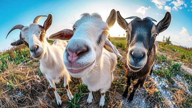 A majestic herd of goats standing proudly on a lush green field surrounded by fresh grass and vibrant nature