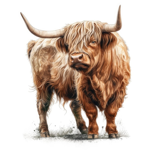 Majestic Highland Cow on White Background