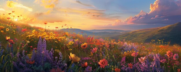 A Majestic Hillside Awash in the Vibrant Hues of Wildflowers as the Sun Sets on the Horizon