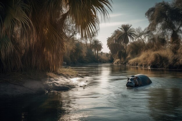 Majestic hippo emerges from tranquil river generative IA