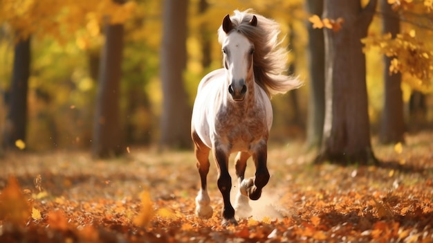 A majestic horse gallops through a field of colorful autumn leaves savoring the crisp air of the