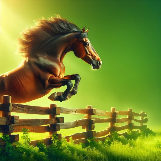 Majestic Horse Leaping Over Wooden Fence in a Display of Power and Grace