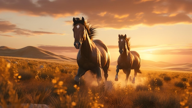 Photo majestic horses galloping across a golden field at sunset