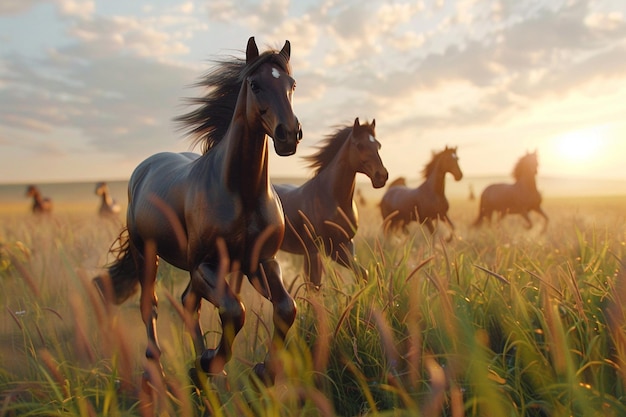 Величественные лошади свободно скачут по открытому полю.
