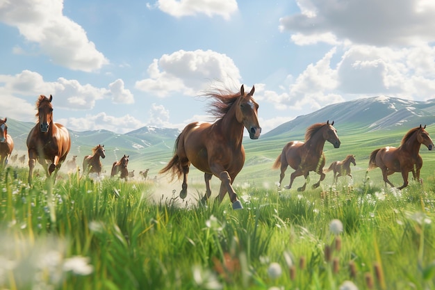 Majestic horses galloping freely through open mead