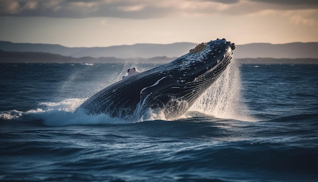 AI が生成した青い波しぶきを浴びる雄大なザトウクジラのブリーチ