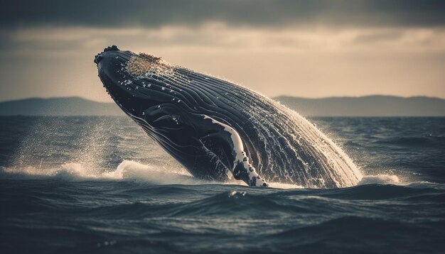 Majestic humpback breaches spraying in tropical waters generated by AI